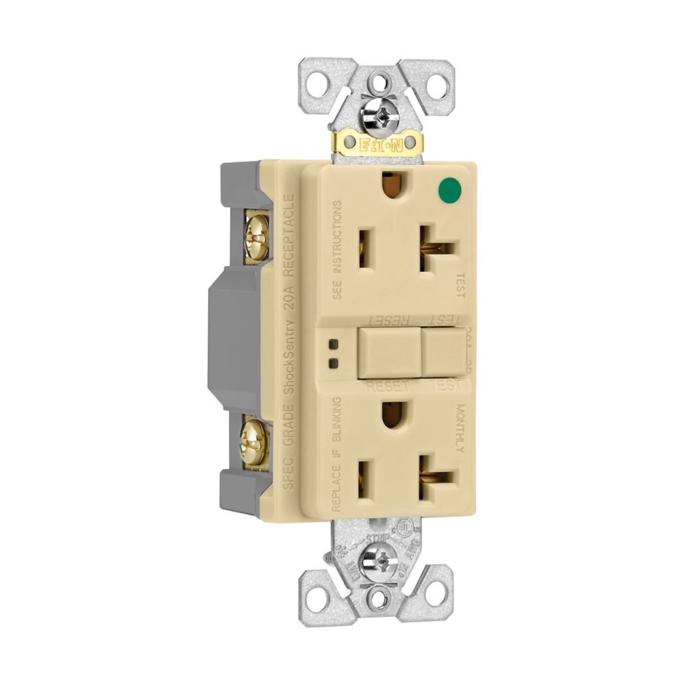 Eaton Hospital Grade GFCI receptacle, 20A, 125V, self-test, Ivory, two pole, three wire, grounding, SGFH20V