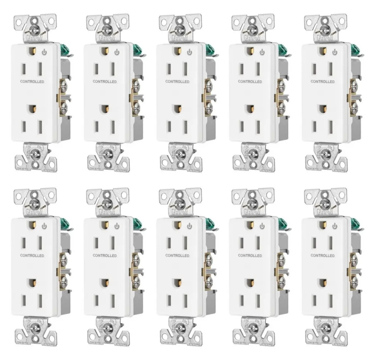 (case of 10) Eaton Construction Grade Half-Control Receptacle, 6252CHW, 2 pole, 3 wire grounding, 15A, 125V, White, Half controlled, commercial quality