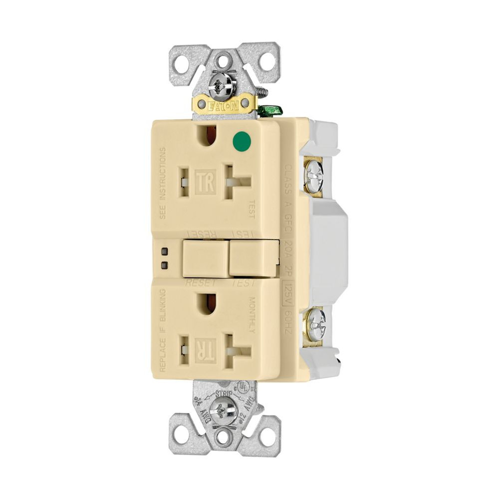 Eaton Hospital Grade GFCI Receptacle, TRSGFH20FV, 20A, 125V, Ivory, Tamper Resistant