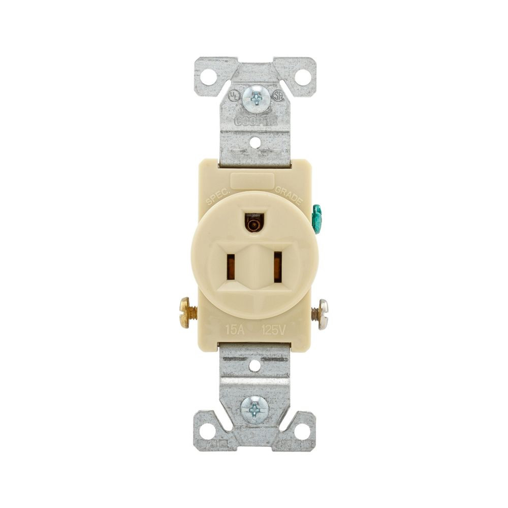 Eaton 817V Commercial Grade single receptacle, #14-10 AWG, 15A, Commercial, Flush, 125V, Side wire, Ivory, Brass, Nylon, 5-15R, Single, Screw, PVC, ED Box 