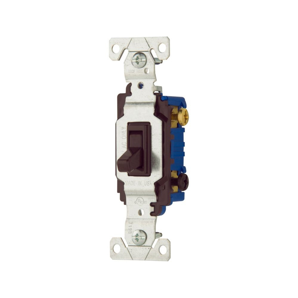 (case of 10) Eaton toggle switch, 15A, Wall, 120V, Back and side, push wire, Non-grounding, Brown, Three-Way, 1303B
