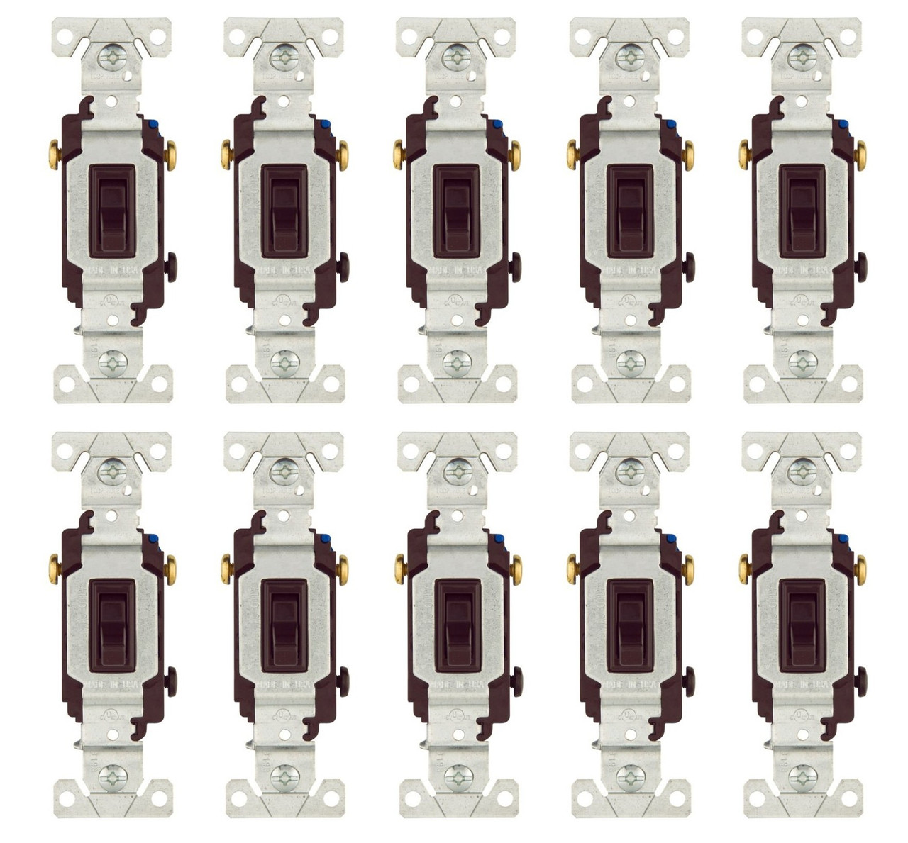 (case of 10) Eaton toggle switch, 15A, Wall, 120V, Back and side, push wire, Non-grounding, Brown, Three-Way, 1303B