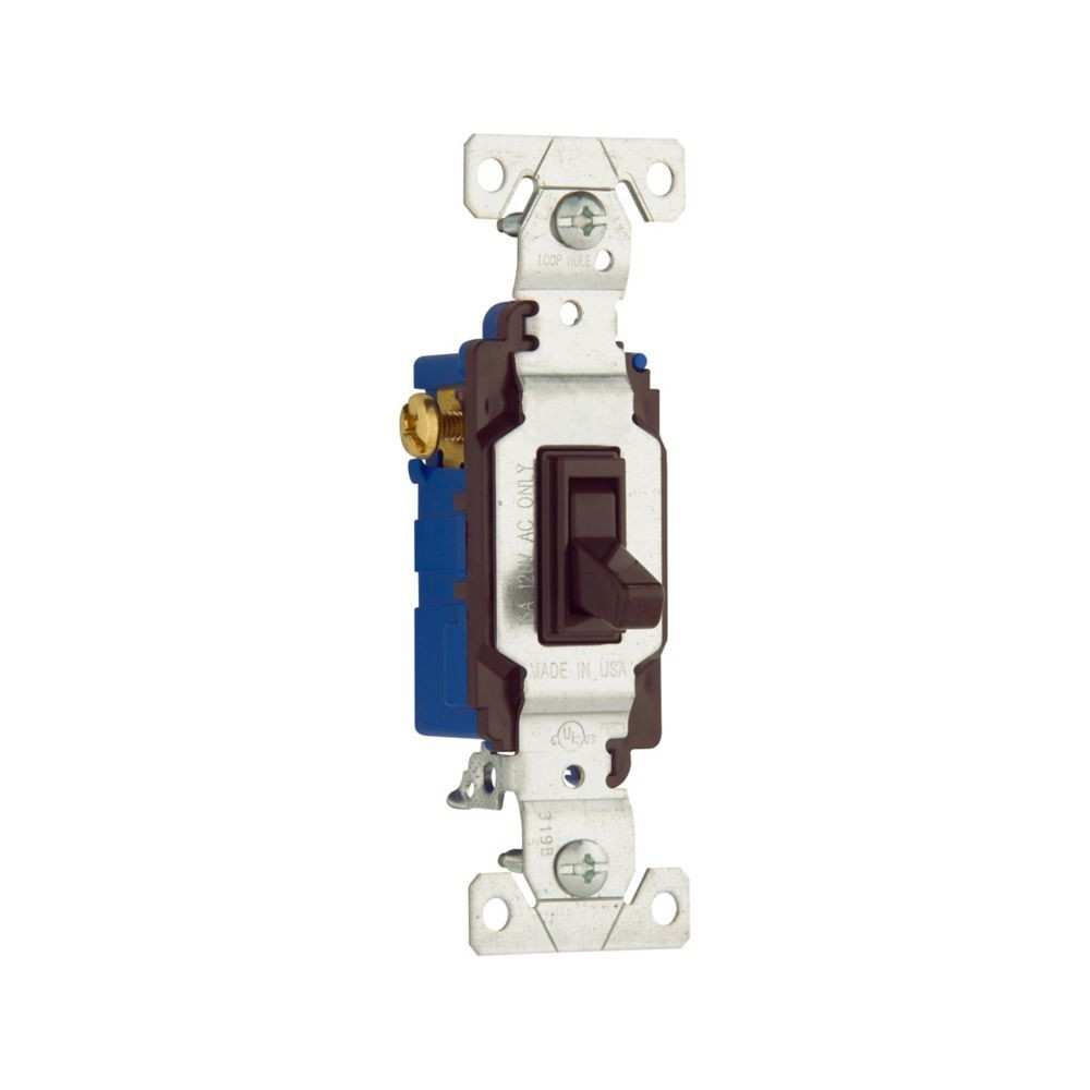 (case of 10) Eaton toggle switch, 15A, Wall, 120V, Back and side, push wire, Non-grounding, Brown, Three-Way, 1303B