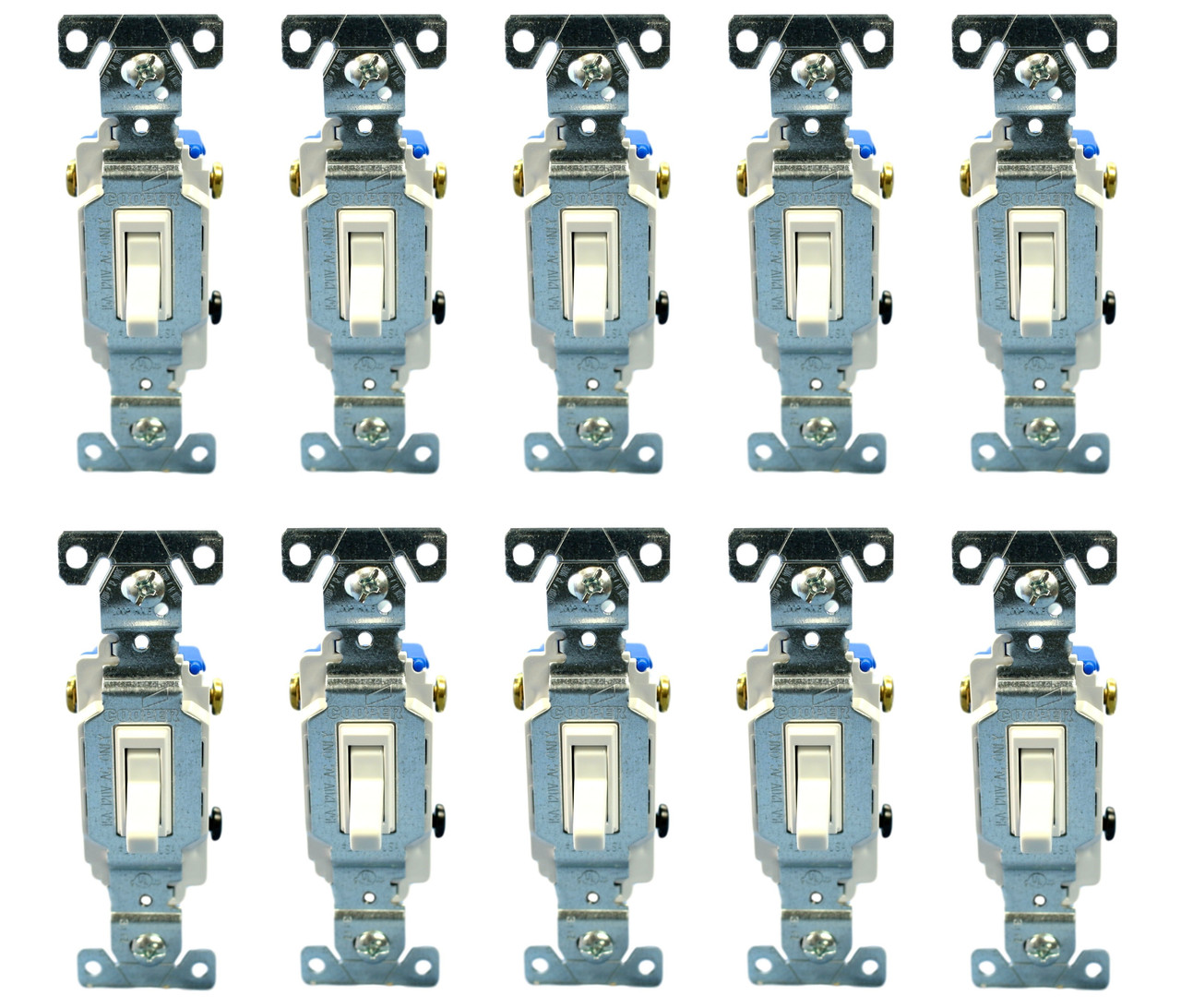 (case of 10) Eaton Toggle Switch, 15A, White, 3-way Non-Grounded, 1303W-BOX