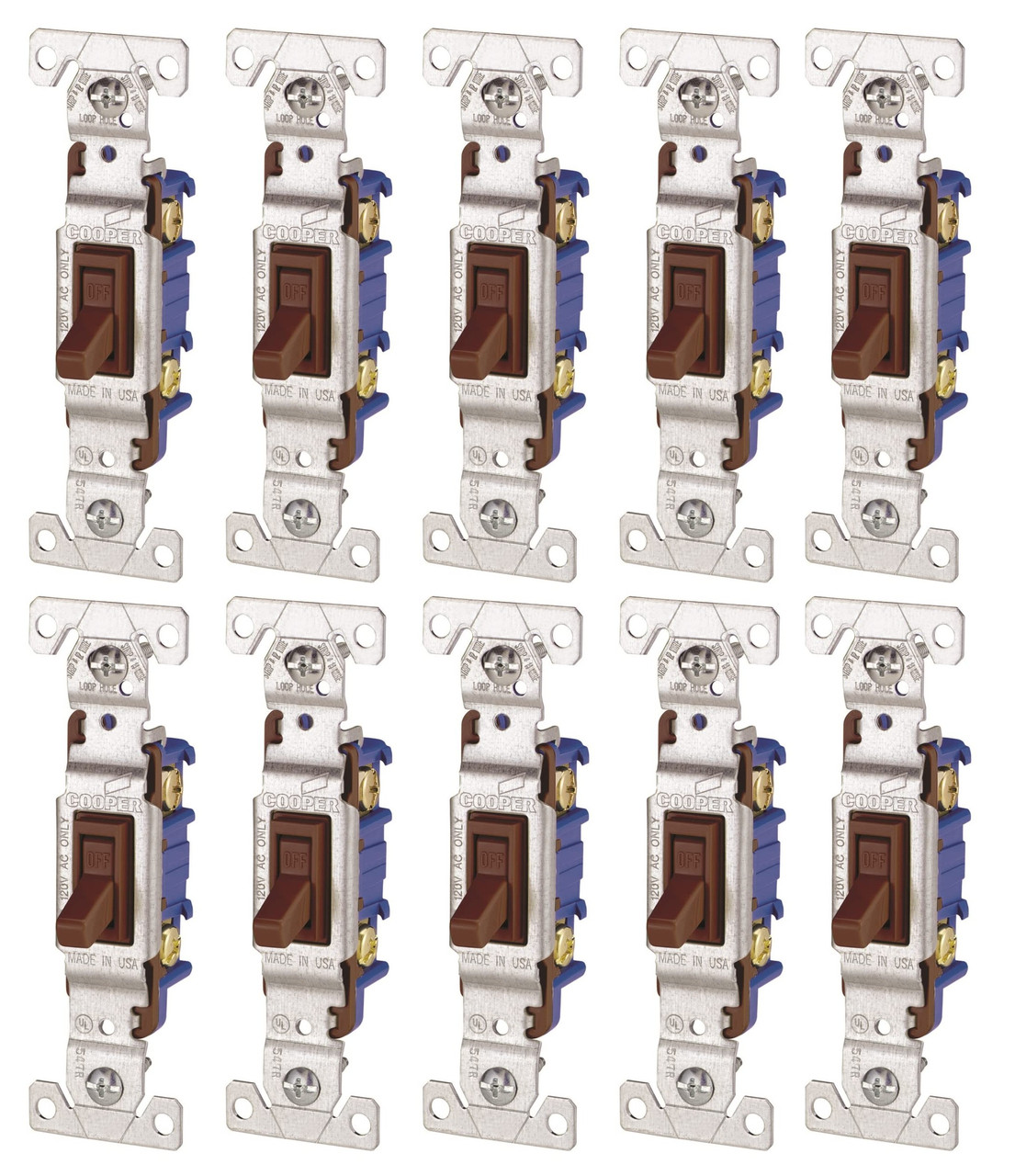 (case of 10) Eaton toggle switch 1301B, #14-10 AWG, 15A, Brown, Single-Pole, Polycarbonate 