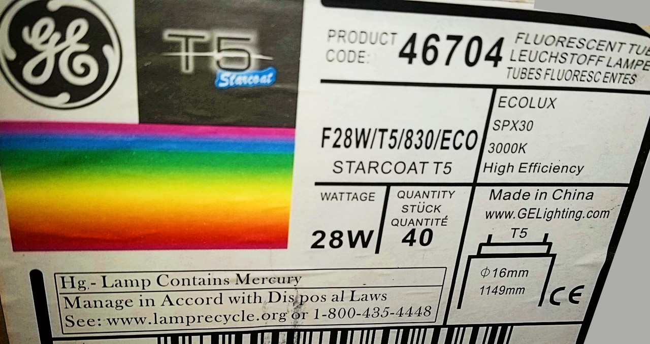(Case of 40) GE 46704 F28W/T5/830/ECO, 46 inch T5 Fluorescent, 28 watt, 3000K, 2600 lumens