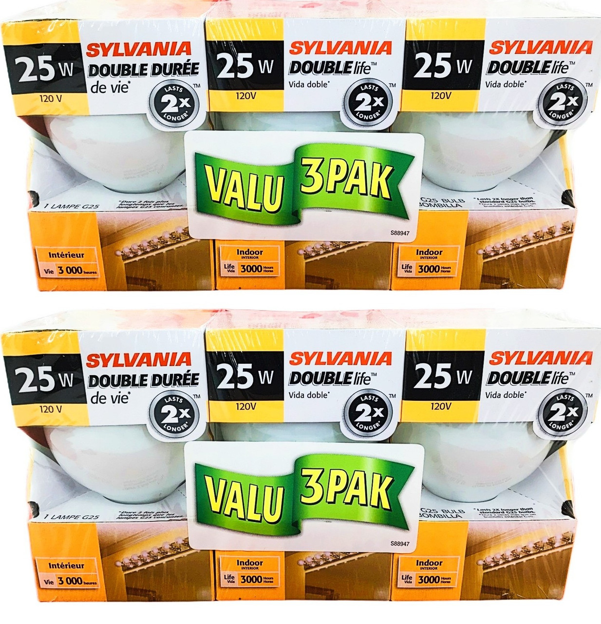 (6 bulbs) Sylvania Double Life 25W Globe Light Bulbs, White, frosted, G25, 3000K 