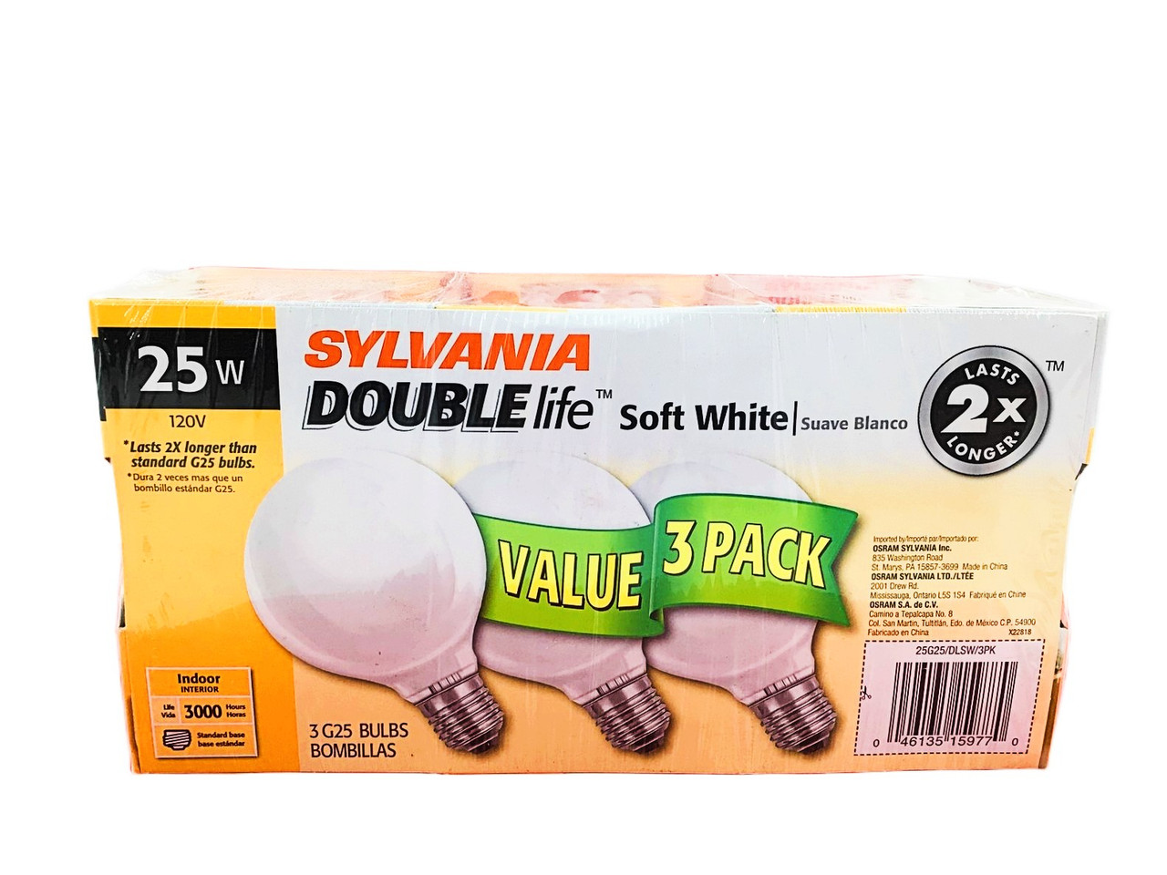 (6 bulbs) Sylvania Double Life 25W Globe Light Bulbs, White, frosted, G25, 3000K 