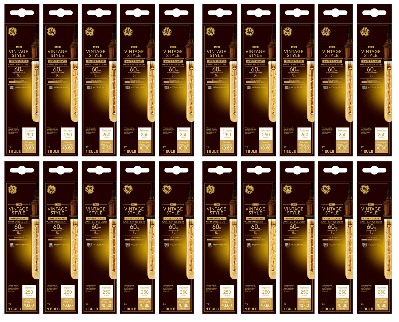 (case of 20)  GE Lighting Vintage Style LED Tube Light Bulb, 5 Watts (60 Watt Equivalent) Warm Candle Light, Amber Glass, Medium Base, Dimmable, spiral filament 