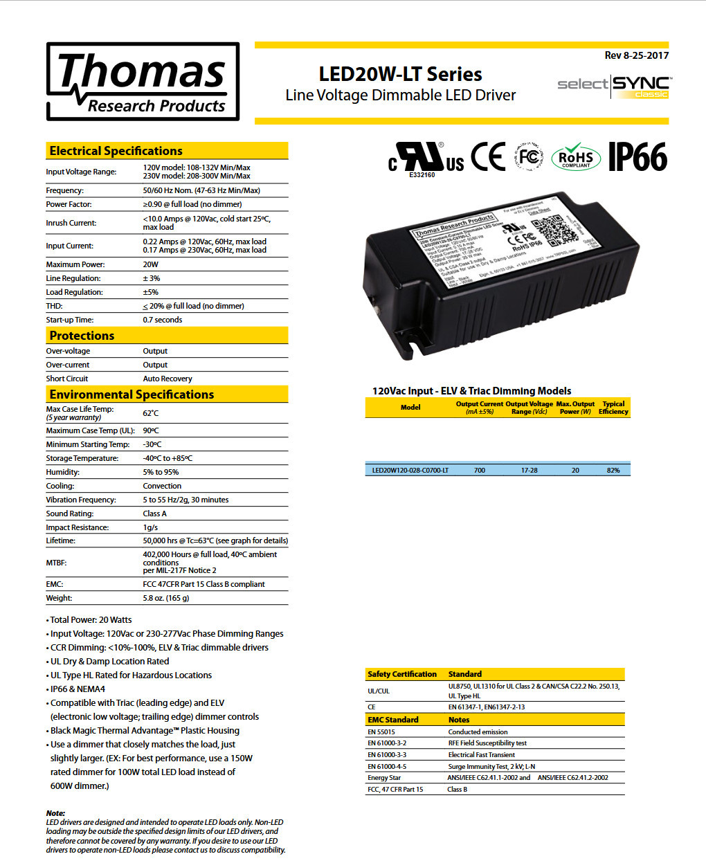 Hubbell Thomas Research Products Line Voltage Dimmable LED Driver, LED20W120-028-C0700-LT, 20W Constant Current Power Supply, 120V