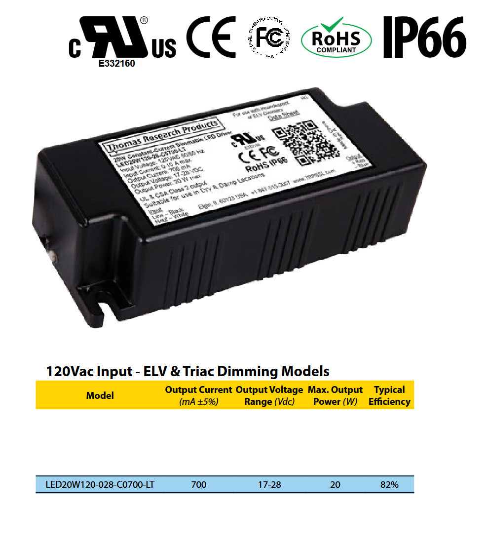 Hubbell Thomas Research Products Line Voltage Dimmable LED Driver, LED20W120-028-C0700-LT, 20W Constant Current Power Supply, 120V