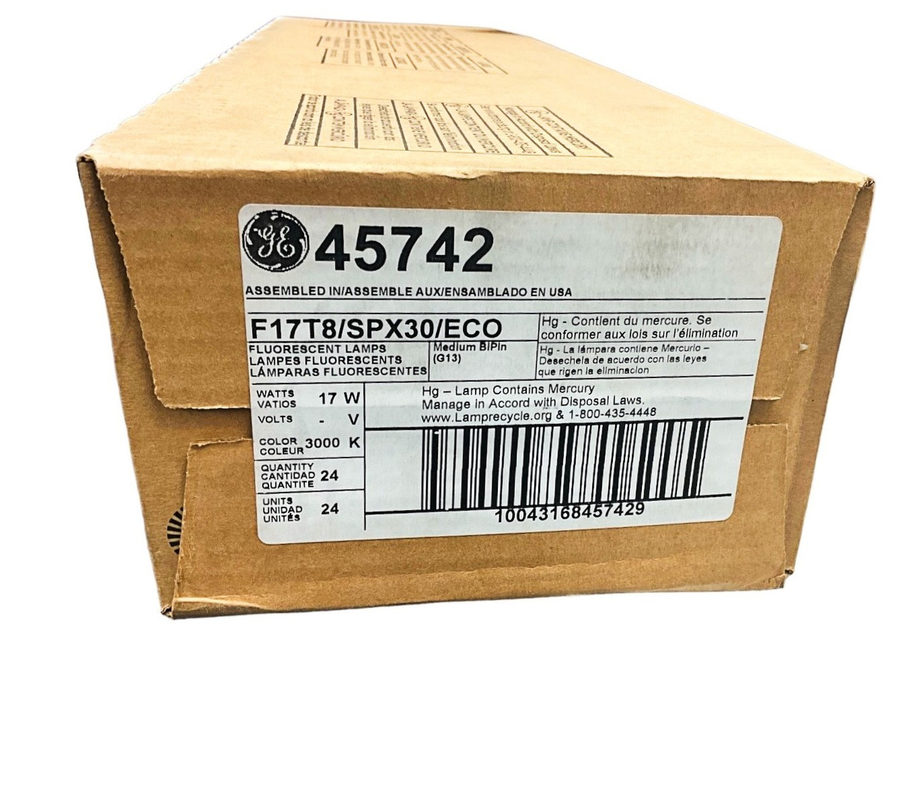 (case of 24) GE 45742 - F17T8/SPX30/ECO Straight 24 inch T8 Fluorescent Tube, 17 watts, 1350 lumens, 3000K Natural White