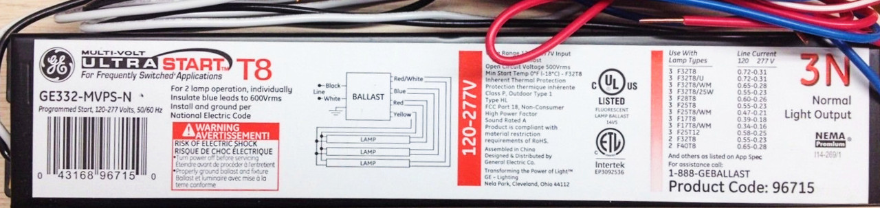 GE Lighting 96715 GE332-MVPS-N 120/277-Volt UltraStart Electronic Fluorescent T8 Programmed Rapid Start Ballast 3 F32T8 Lamps