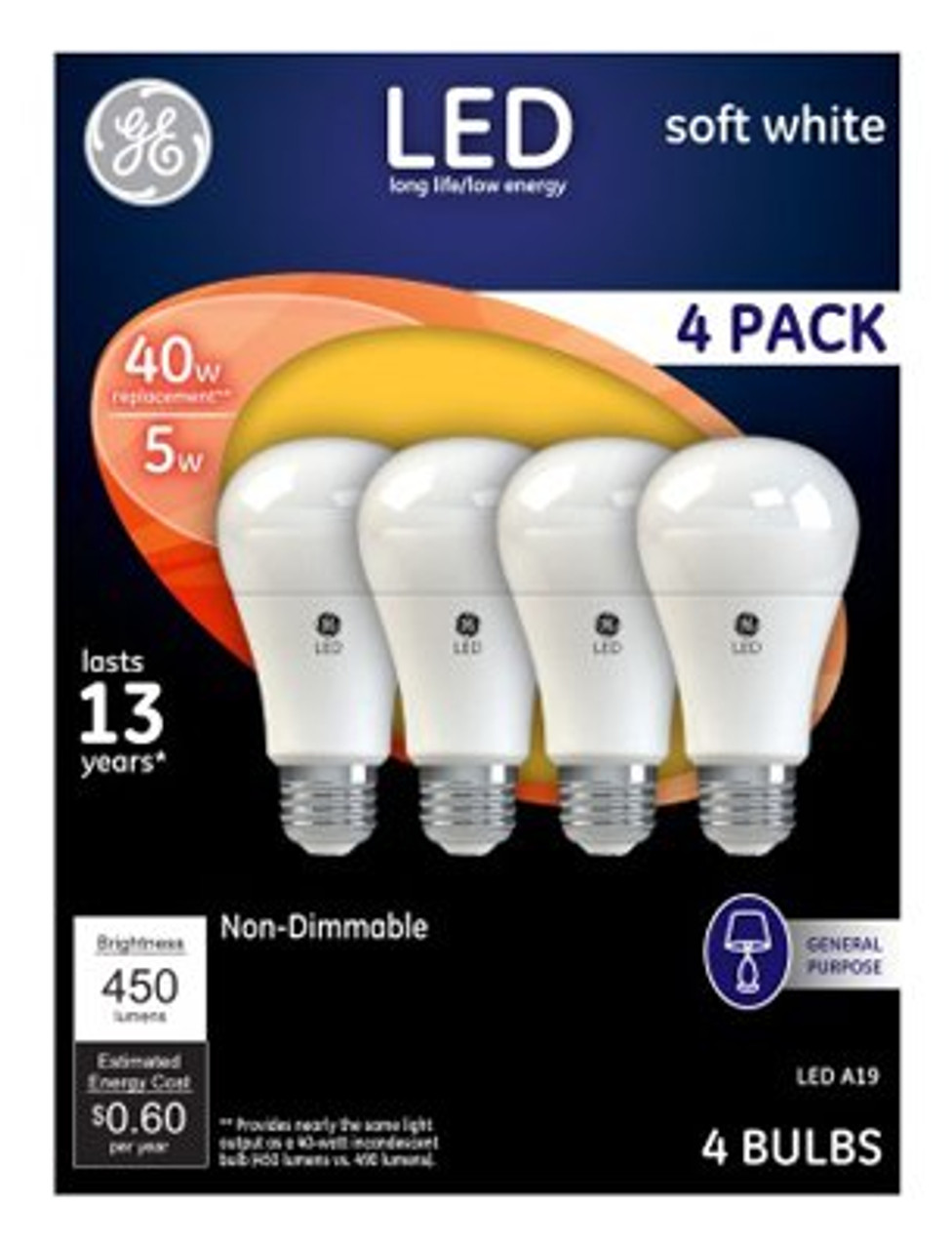G E LIGHTING 61973 LED Light Bulbs, Soft White, 450 Lumens, 5-Watt, 4-Pk. - Quantity 4