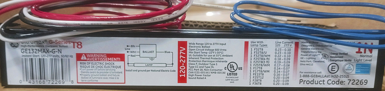 GE Lighting 72269 GE132MAX-G-N  (Replaces GE-132-MV-N) UltraMax Multi-Volt Electronic Fluorescent T8 Instant Start Ballast 1 F32T8 Lamp