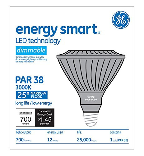 GE 66112 LED12DP38S830/25  Narrow Flood LED PAR38 Light Bulb, 3000K, 700 lumens, medium base, dimmable
