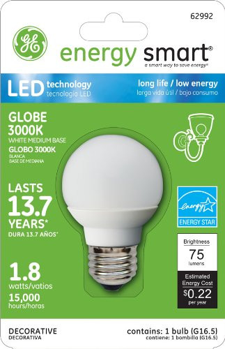 GE Lighting 62992 Energy Smart LED 1.8-Watt (15-watt replacement) 75-Lumen G16.5 Light Bulb with Medium Base, 1-Pack