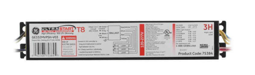 GE 75384 UltraStart Electronic Ballast, 120/277 volt AC, 17/116 watt, 3 lamp, GE332MVPS-H-V03 