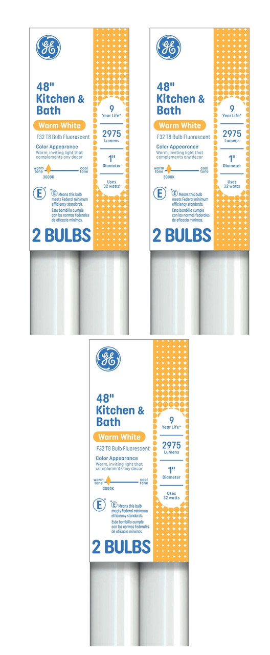 (6 bulbs) GE 66829 Kitchen and Bath T8 Fluorescent Lamp, 32 watts, 2975 lumens, 3000K Warm White, 48 inches