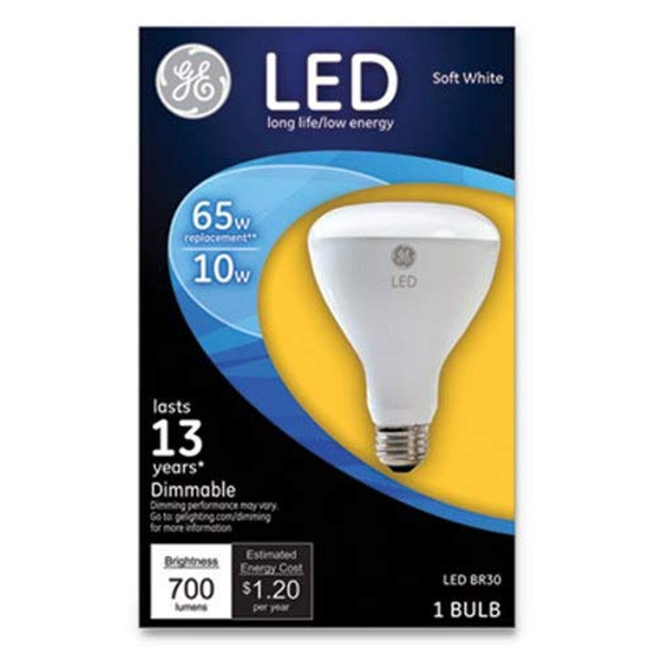 GE 40893 LED BR30 Dimmable Soft White Flood Light Bulb, 10 watts, 700 lumens, medium base