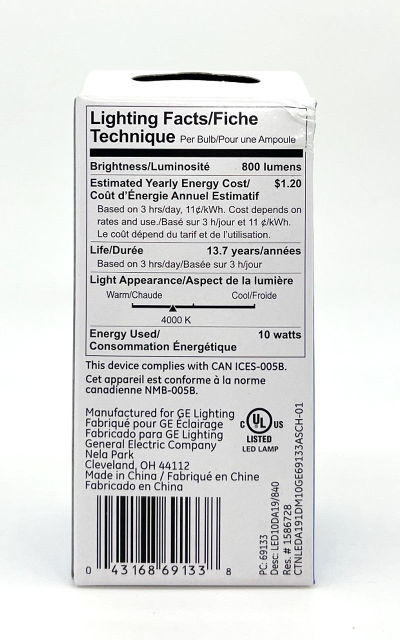 GE 69133 LED A19, 4000K Cool White, Dimmable, 10 watt, 800 lumens