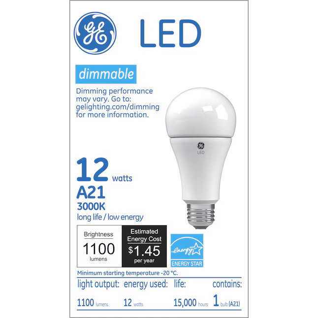 GE LED A21, 12 Watt, 1100 Lumen, 3000K, Dimmable, Medium Screw Base, 5. 16 IN Length, 15000 HR Average Life