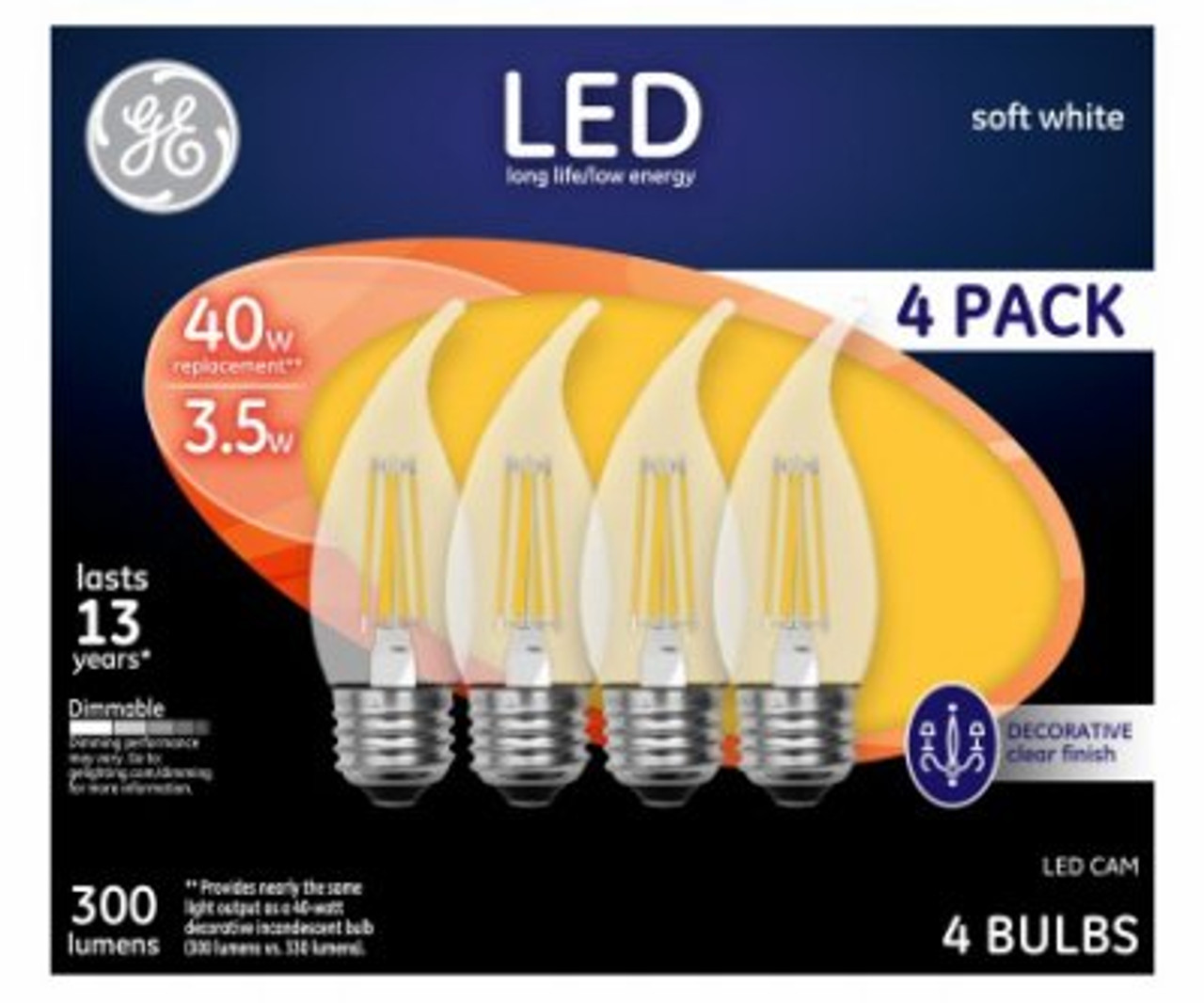GE Lighting 92677 Decorative LED Light Bulbs, Soft White, Clear, 300 Lumens, 3.5-Watts, 4-Pk.