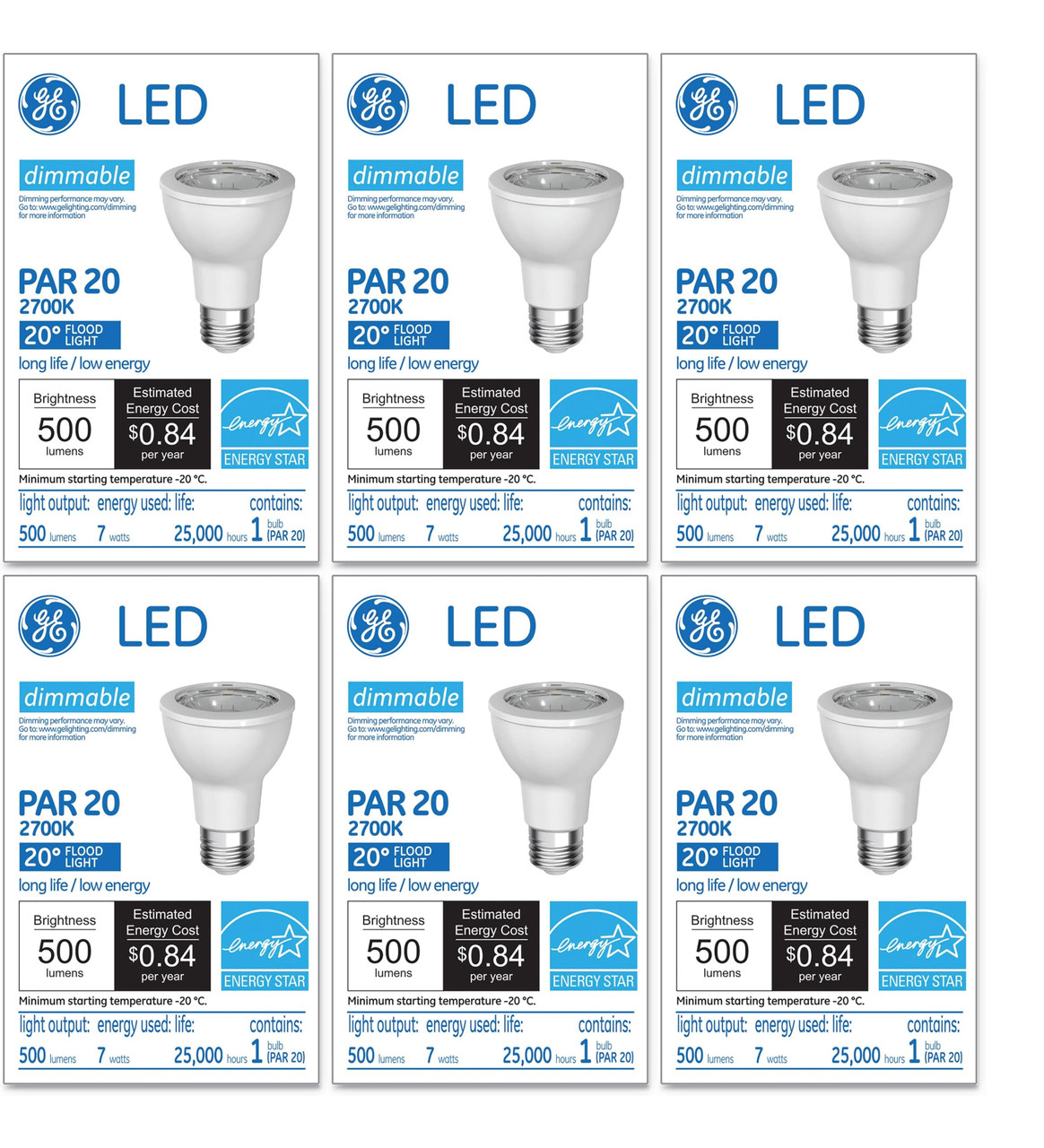 (case of 6) GE Lighting LED Lamp, 7 watt, 120 volt, PAR20, Medium Base, 500 lumens, 80 CRI, 2700 K