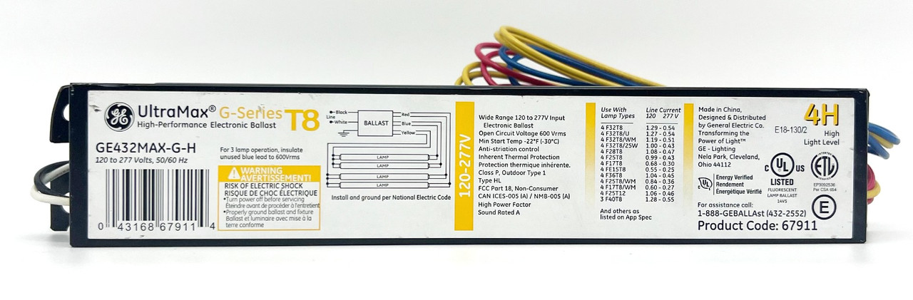 GE UltraMax 67911 GE432MAX-G-H Electronic High Efficiency Instant Start Ballast 4 or 3 F32T8 Fluorescent Lamps High Ballast Factor