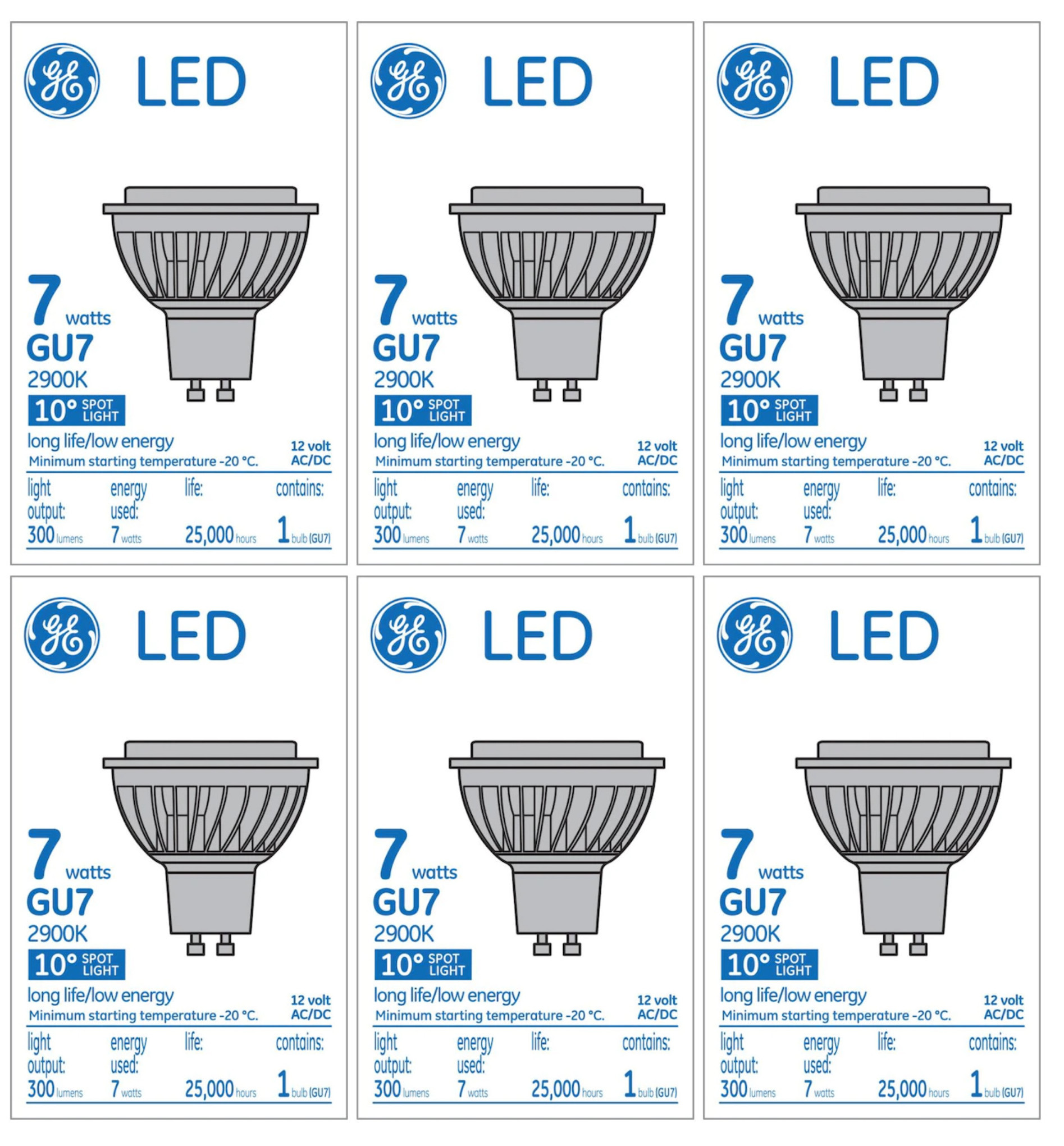 Ge 42341 Led GU7 Bulb, 12Volts AC/DC 7 watts 2900K 300 Lumens (pack of 6)