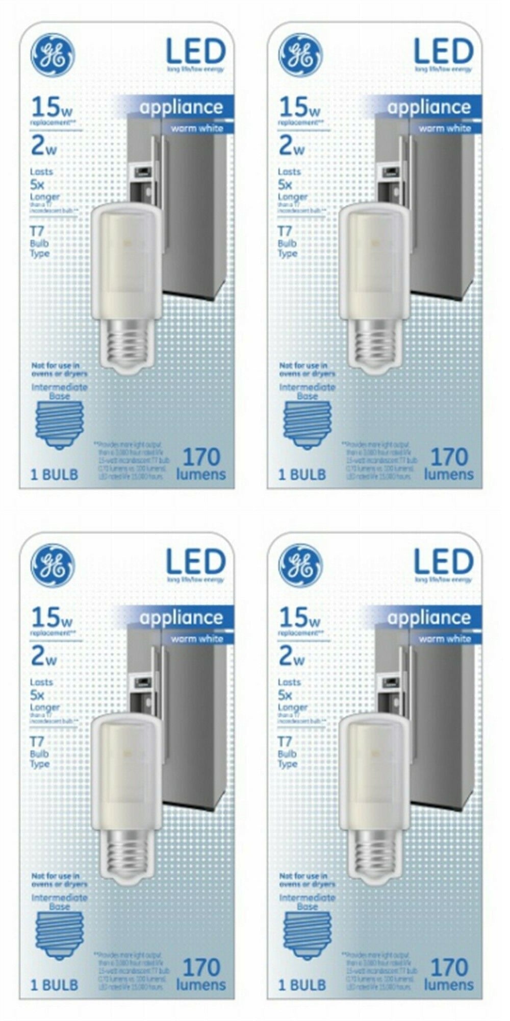 (case of 4) GE 29039 LED2T7 E17 -OT  LED light bulb, T7 shape, warm white, 15 watt equivalent, LED appliance bulb