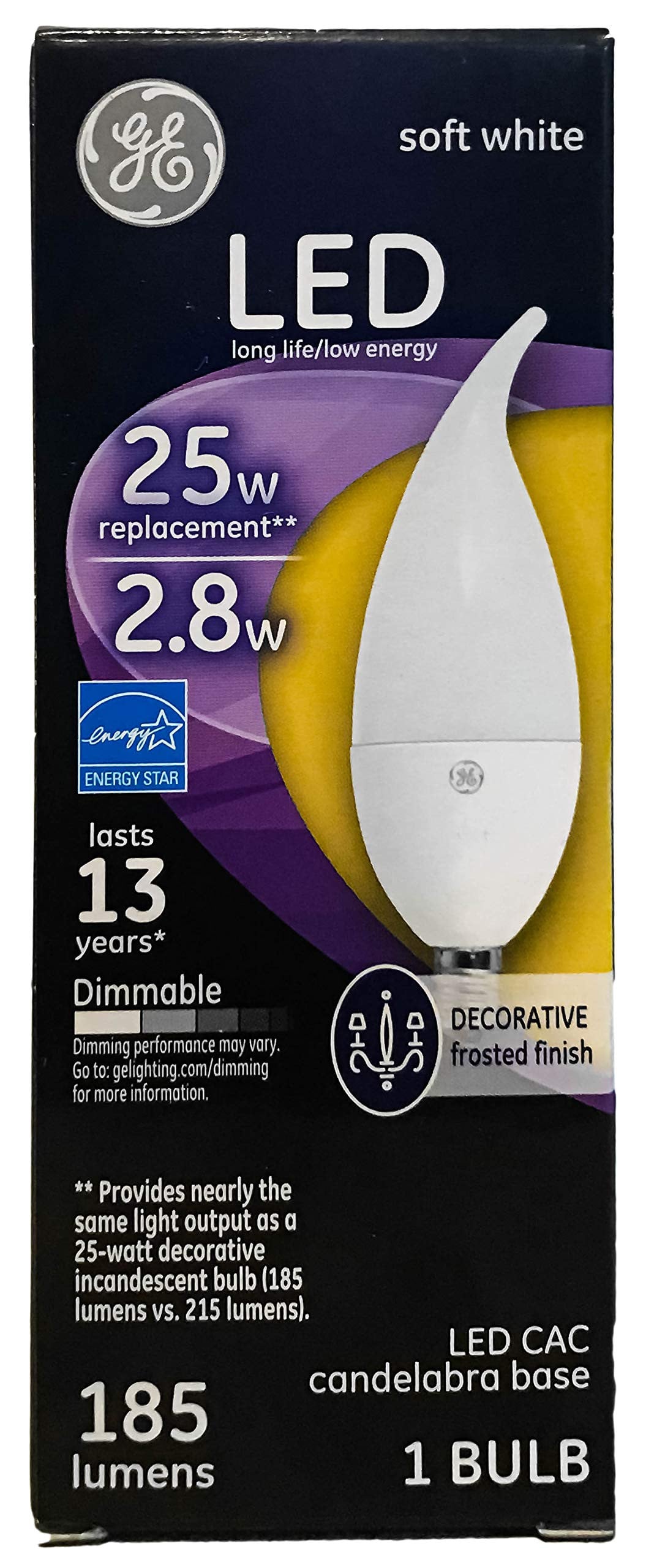 GE 2.8-Watt (25-Watt Replacement) 185 Lumens Soft White Candelabra Base Bent Tip LED Light Bulb
