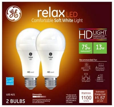 GE Lighting 36144 Relax HD LED Light Bulbs, Soft White, 1100 Lumens, 75 watt equivalent, Dimmable