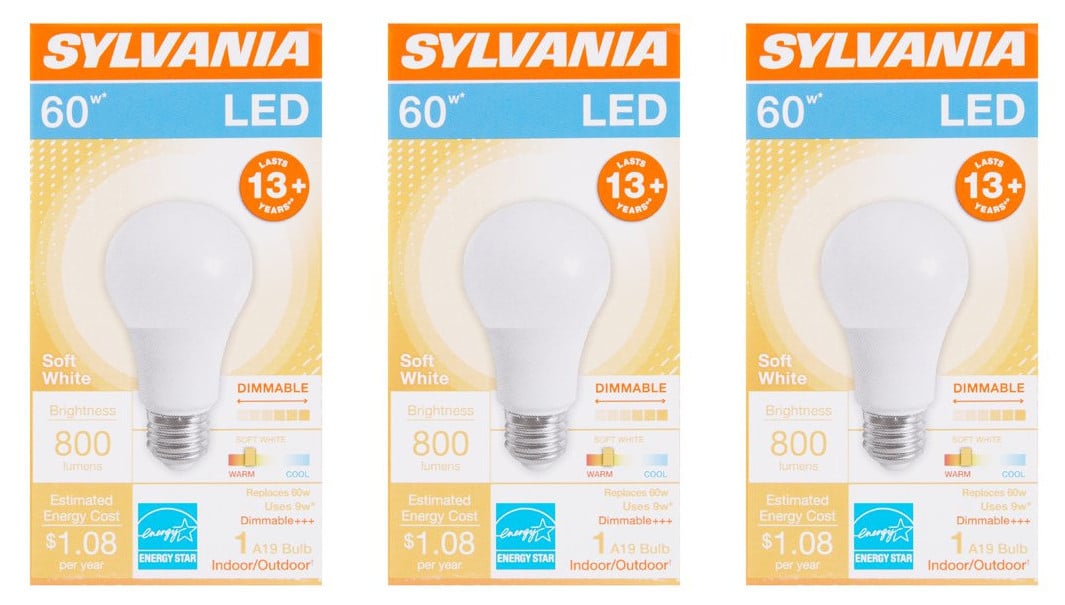 (pack of 3) Sylvania LED Light Bulb, 60 watt equivalent A19, Soft White, Dimmable, 9 watt, 800 lumen