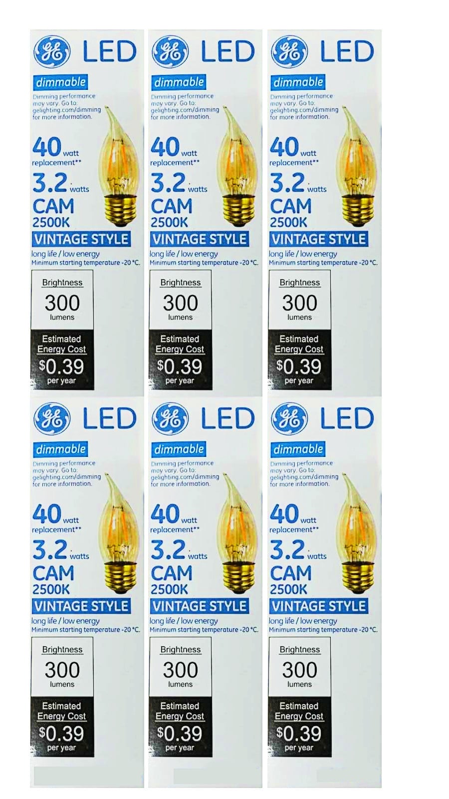 (6 pack) GE 75914 Vintage Style LED 40 watt equivalent Decorative CAM bulb candle shaped LED bulb