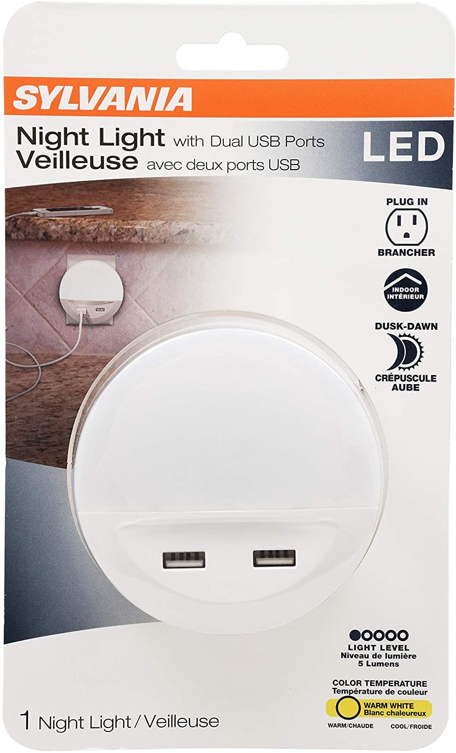 SYLVANIA LED Night Light with Dual USB Ports, Automatic Dusk to Dawn sensor, plug in LED NightLight