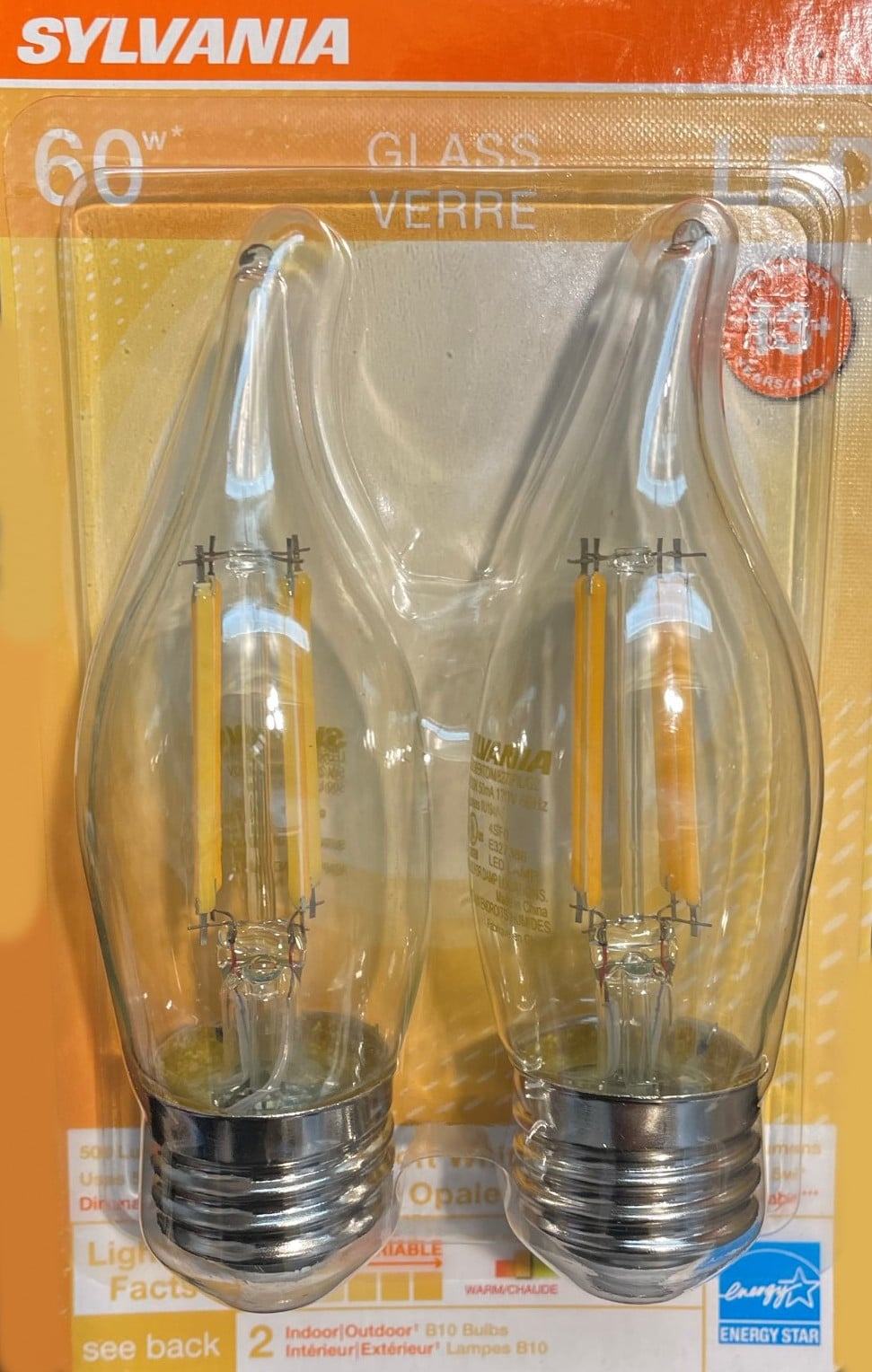 (2 bulbs) Sylvania Glass LED, B10 Light Bulb, 60 watt equivalent, 2700K Soft White Filament, Clear, Medium Base, LED Light Bulb