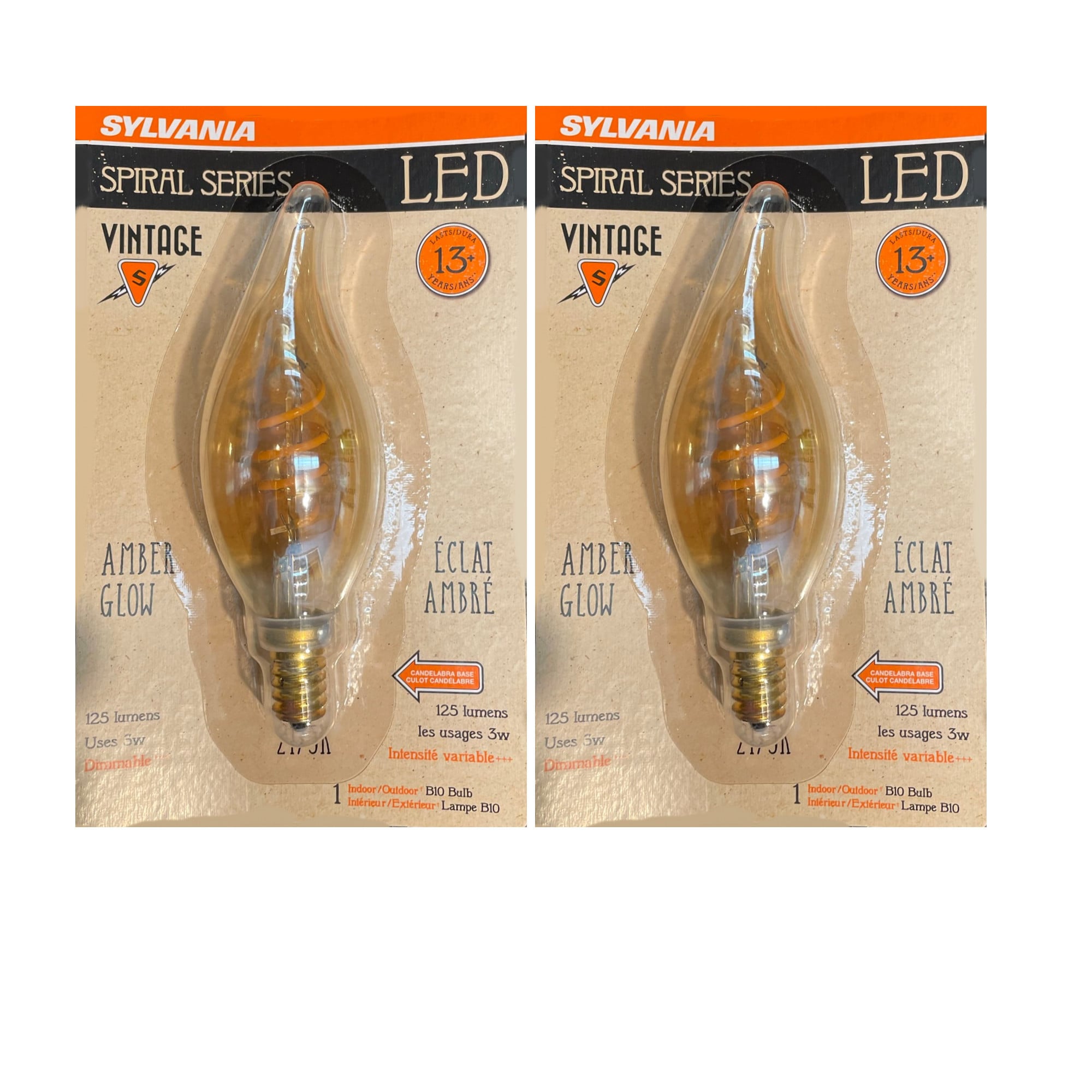 (2 bulbs) Sylvania Vintage LED B10 Bulb, Spiral Filament, 125 lumens, Amber Glow, 3 watts, Dimmable, Candelabra base LED Light Bulb