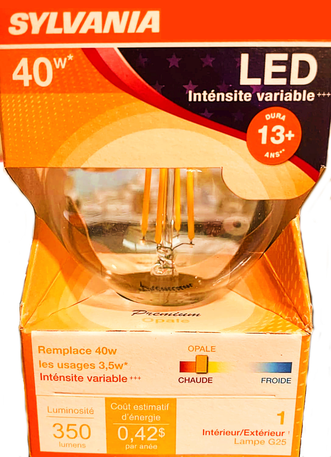 (6 bulbs) Sylvania LED Globe G25, 40 watt equivalent, Crystal Clear, Dimmable, Indoor/Outdoor, Medium Base, Made in the USA