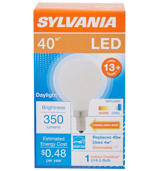 (8 bulbs) Sylvania 40362 LED G16.5 Globe, 40 watt equivalent, Indoor Outdoor, Dimmable, Daylight, Candelabra Base, 350 Lumens LED Light Bulb