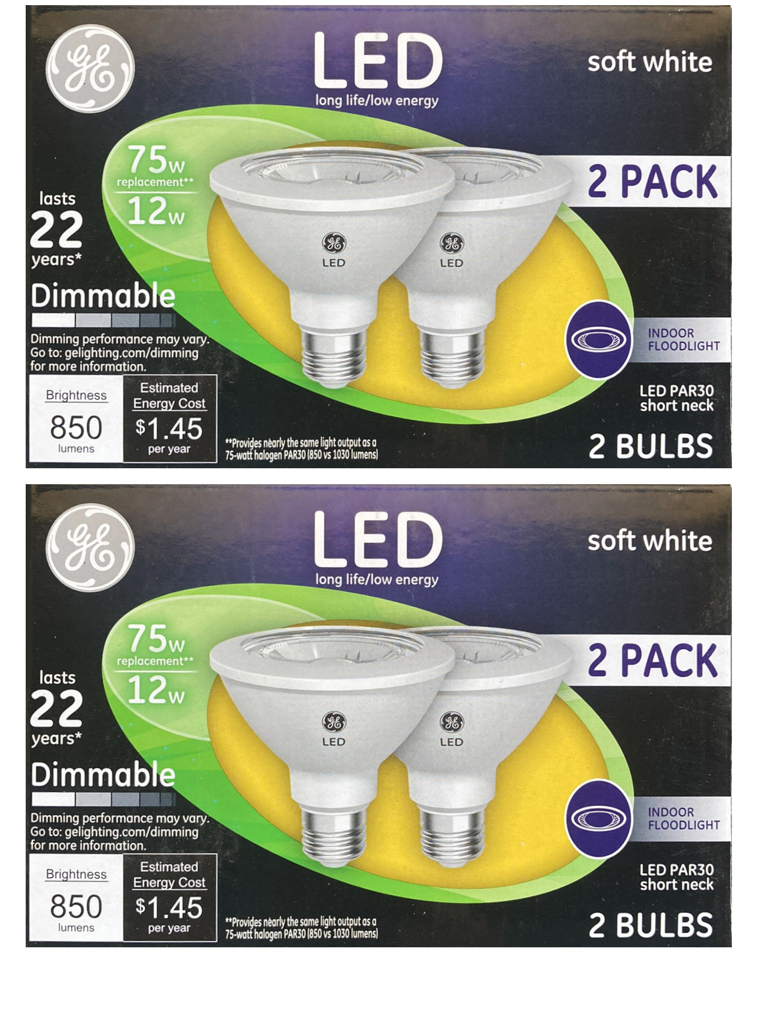 (4 bulbs) GE 96924 PAR30 short neck LED 12 Watt (75 watt equivalent) 850 Lumen, Dimmable Indoor Floodlight with Medium Base, Soft White Light Bulb