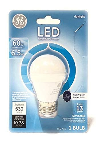 GE 37208 LED A15 Daylight Bulb 60w equivalent, Ceiling Fan, 5000K, Dimmable, Frosted LED Light Bulb