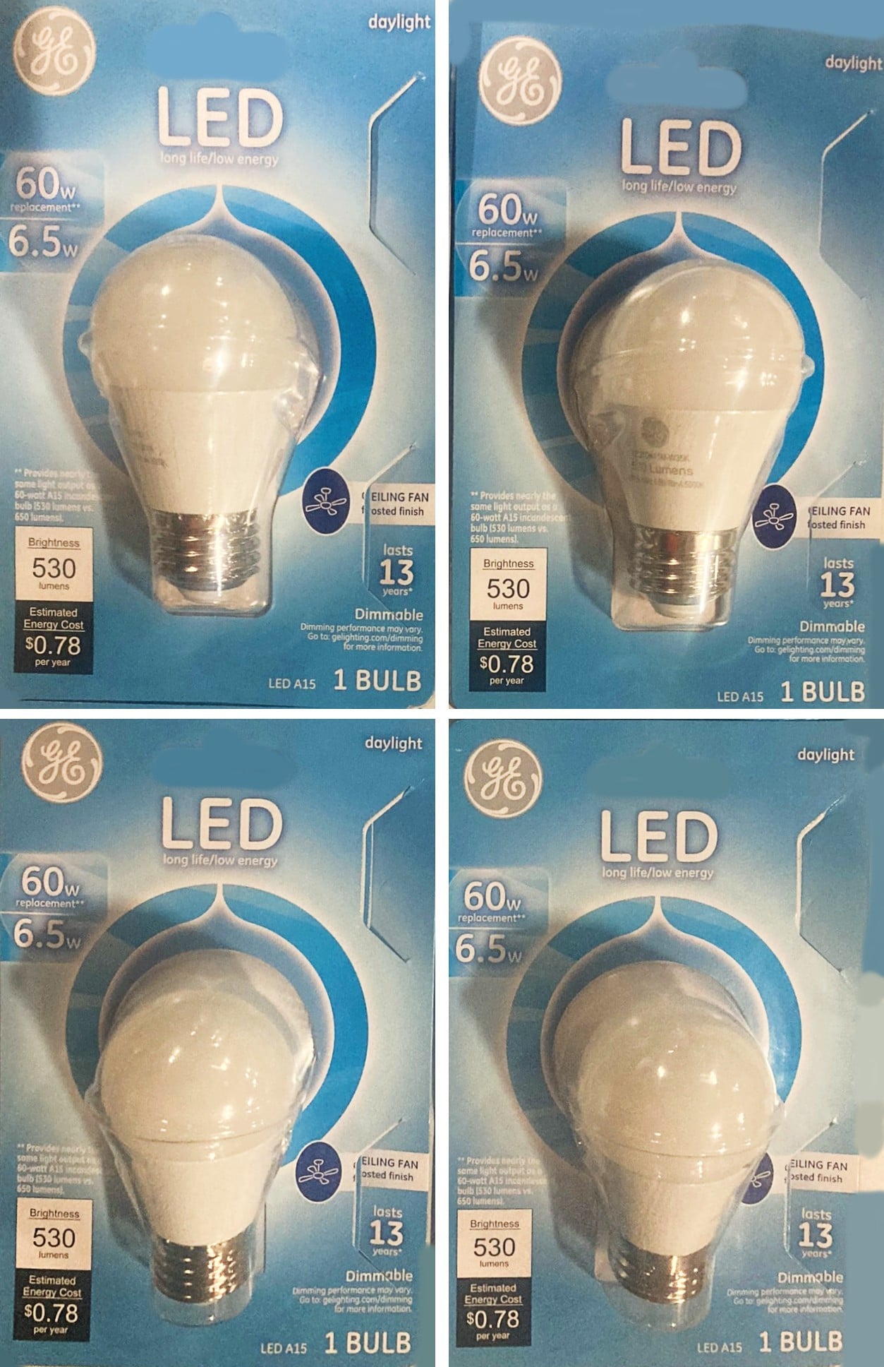 (4 bulbs) GE 37208 LED A15 Ceiling Fan Light Bulb, 60 watt equivalent, Daylight, Dimmable, Frosted LED Light Bulb