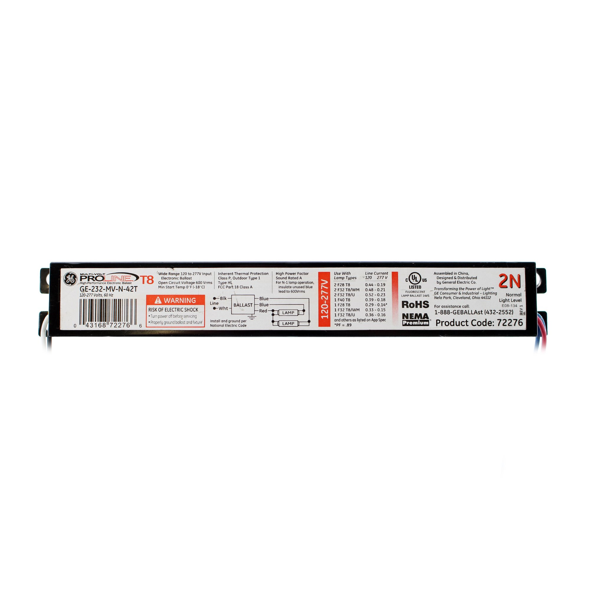 GE GE-232-Mv-N-42T 72276 Electronic Ballast, 2-Lamp, F32T8, 32W T8, 120/277V