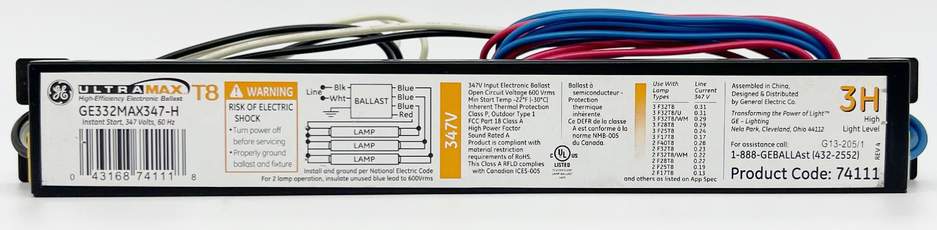 GE 74111 - GE332MAXP347-H Electronic High Efficiency Multivolt Instant Start Ballast