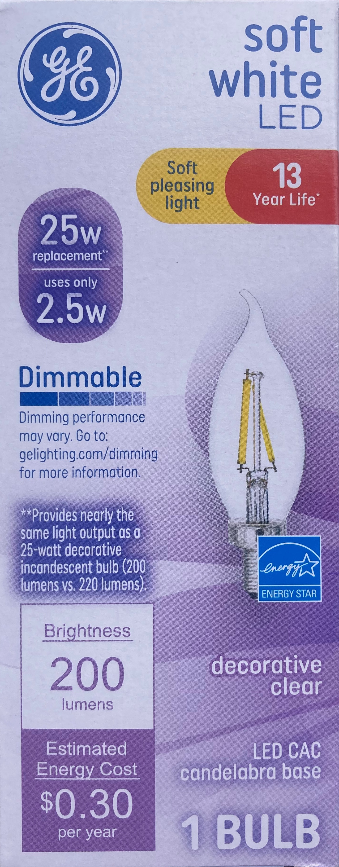 GE Lighting LED Decorative Chandelier Light Bulb, 25 watt replacement, soft white, Dimmable, clear finish LED Light Bulb