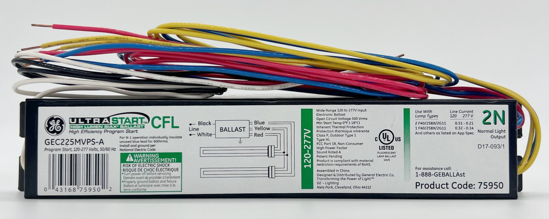 GE 75950 - GEC225MVPS-A CFL UltraStart High Lumen Biax Electronic MultiVolt Programmed Start Ballast 
