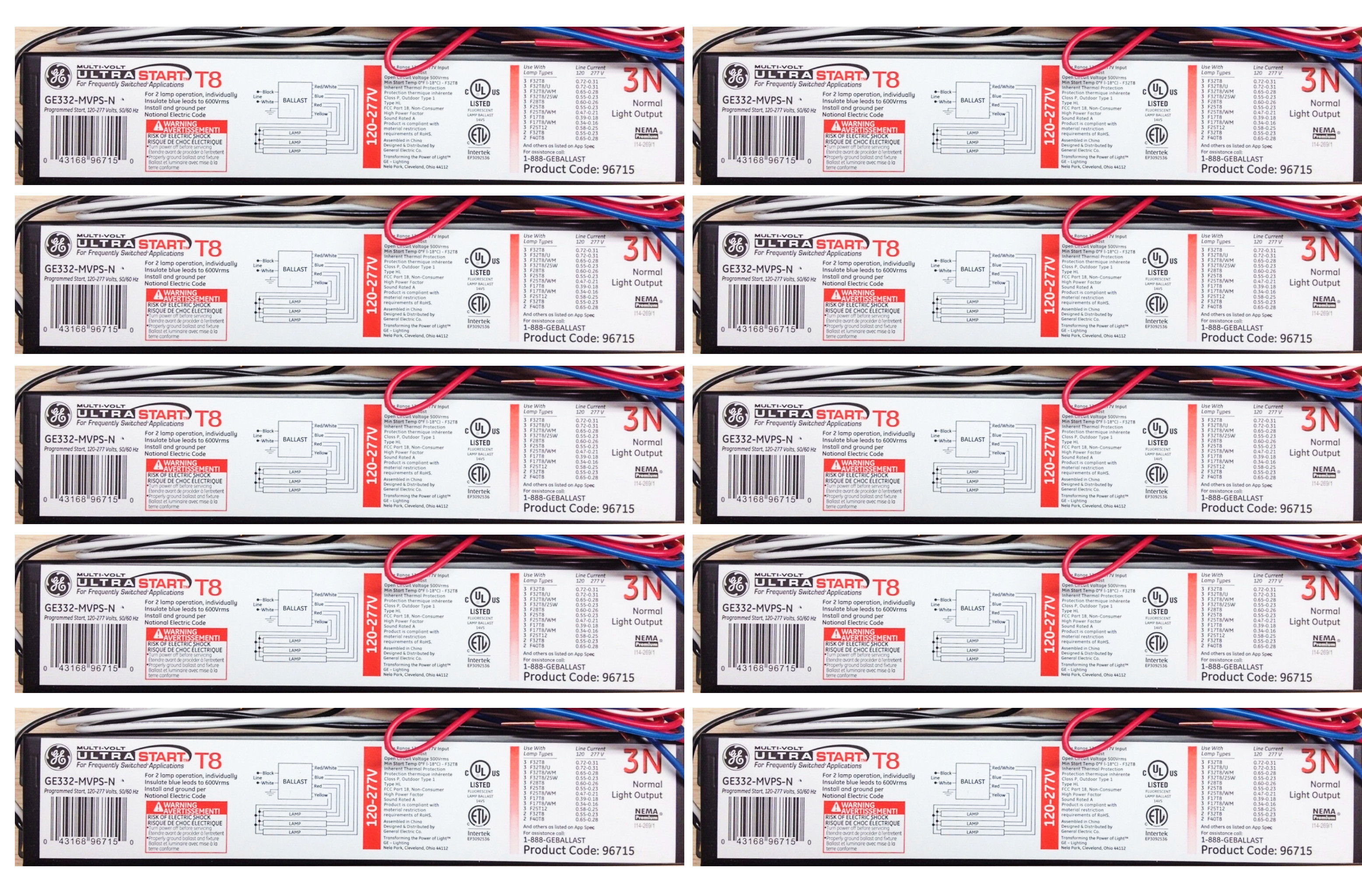 (case of 10) GE 96715 Ge332-Mvps-N 120V-277V Program Start 3L T8 Electron 120-277V