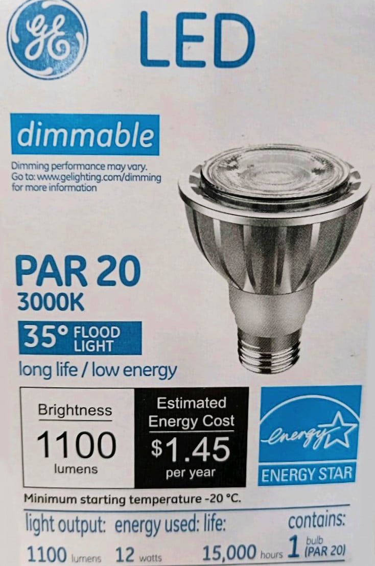 GE 38130 LED PAR20 Flood Light, 1100 Lumens, 3000K, 35 degree beam angle, Dimmable, 12 watts, 15000 hours, energy star