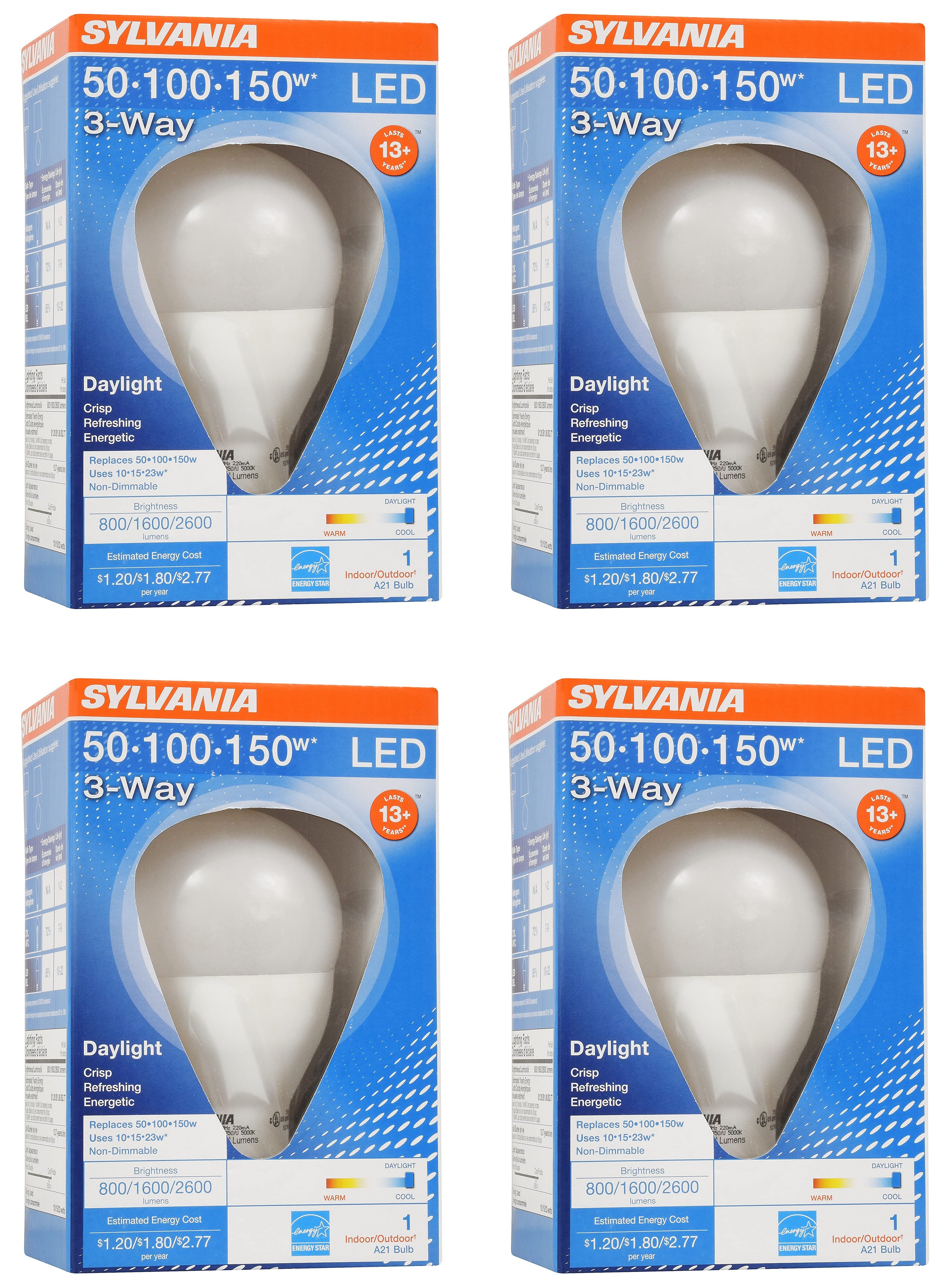 (4 bulbs) SYLVANIA A21 LED Light Bulb, 3 Way, 50W/ 100W/ 150W, 13 Year, Non-Dimmable, Up to 2600 Lumens, 5000K, Daylight (79770)